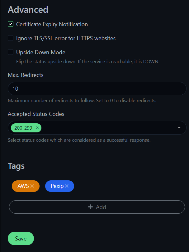 Uptime Kuma HTTPS Advanced Monitor settings