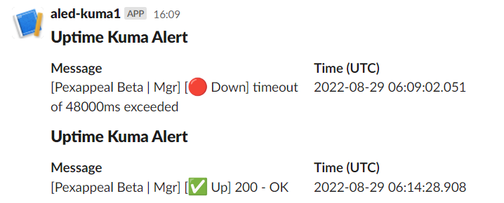 Uptime Kuma notification in Slack