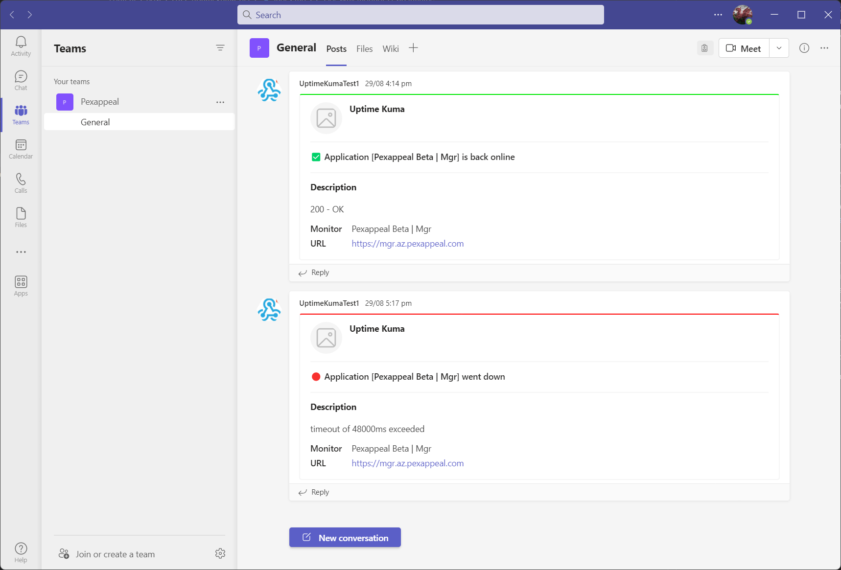 Uptime Kuma notification in Microsoft Teams